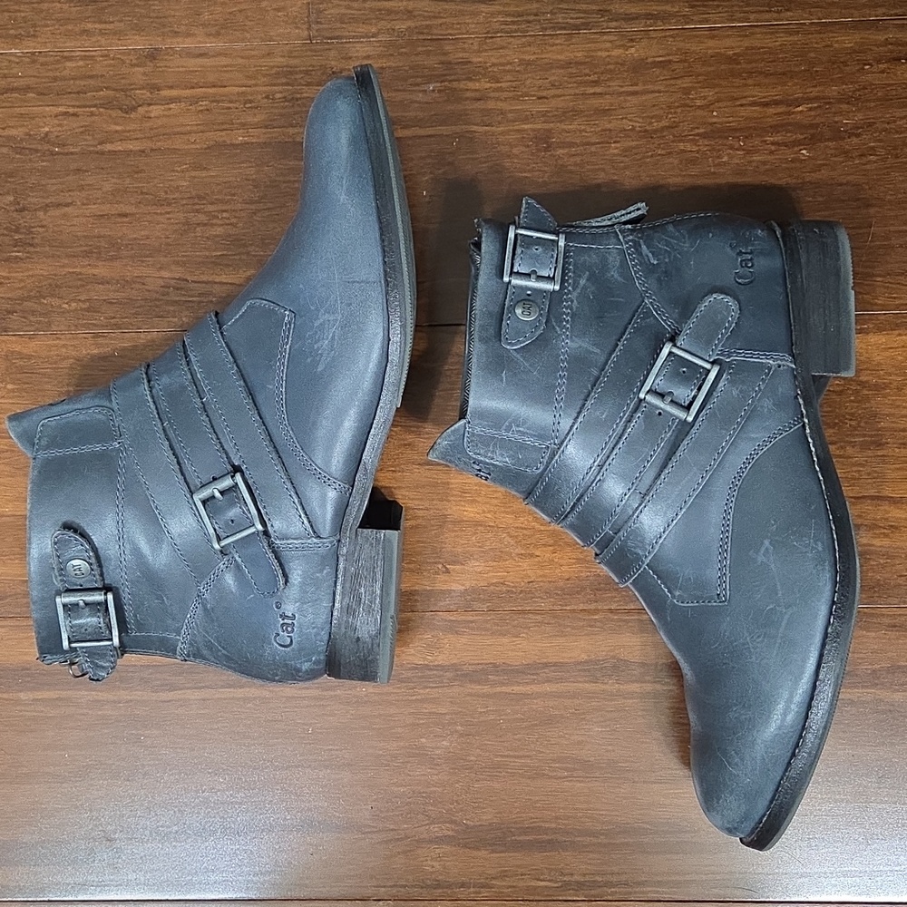 CATERPILLAR CAT VIVIENNE GRAY LEATHER BOOTIES STRAPPY BUCKLES ZIPPER 7.5